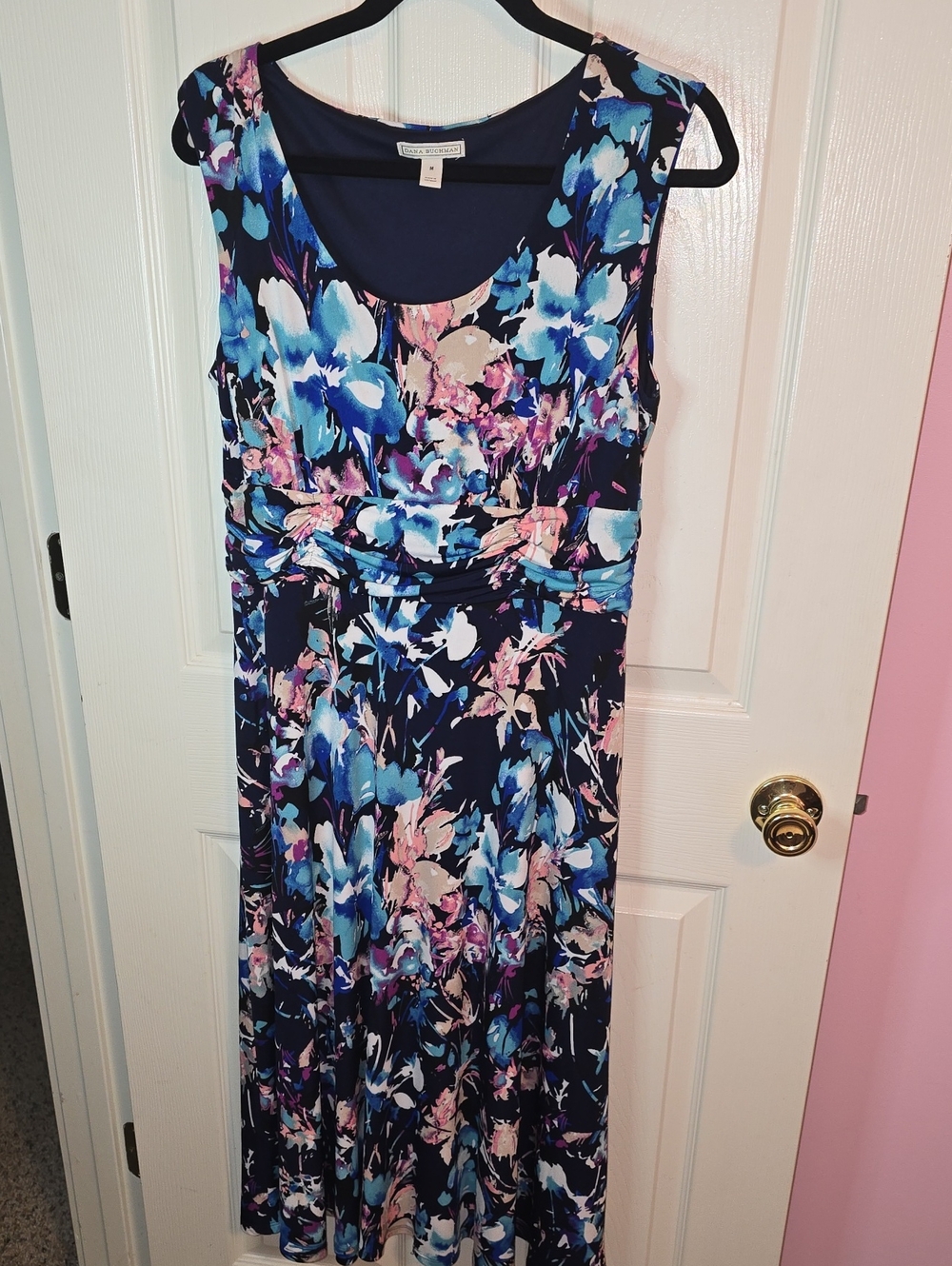 Dana Buchman Navy Floral Sleeveless Midi Dress with Blue and Pink Blooms